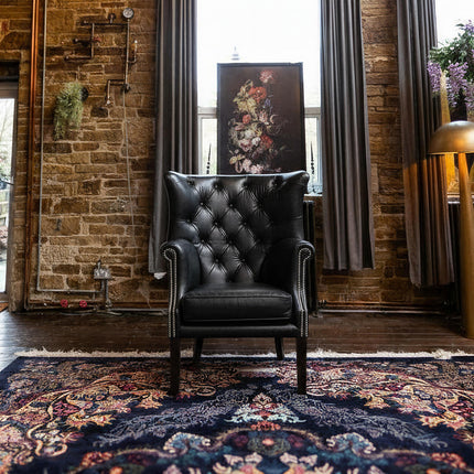 Chessington Wingabck Chair in Black, Old English Leather. Made in England