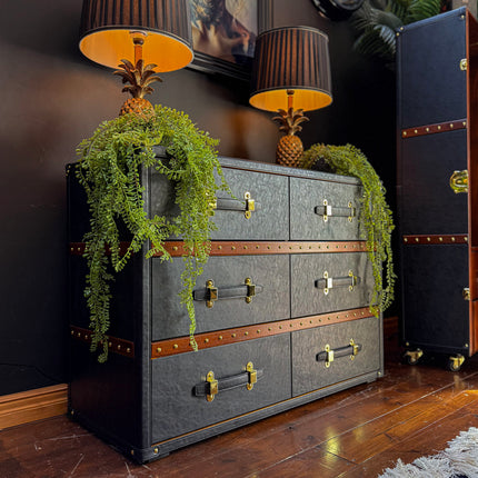 Claridge 6 Drawer Trunk Chest of Drawers in Black Leather - Clearance