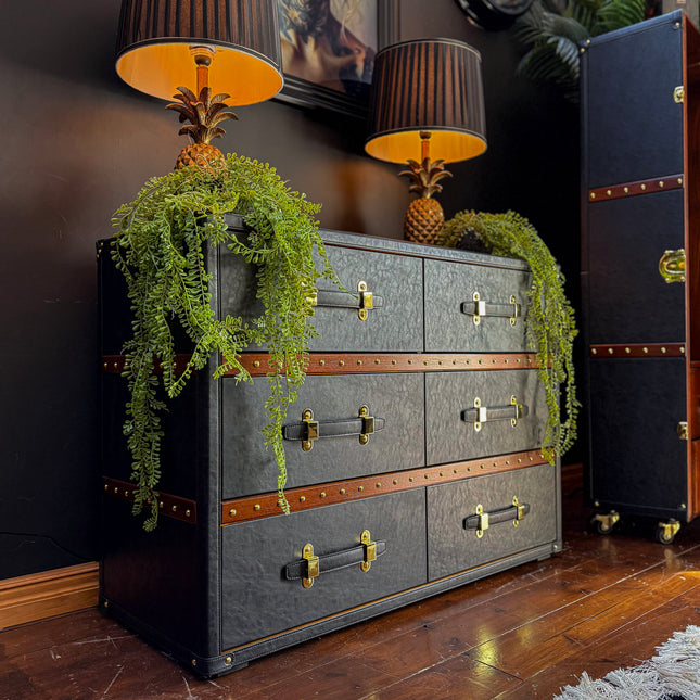 Claridge 6 Drawer Trunk Chest of Drawers in Black Leather - Clearance
