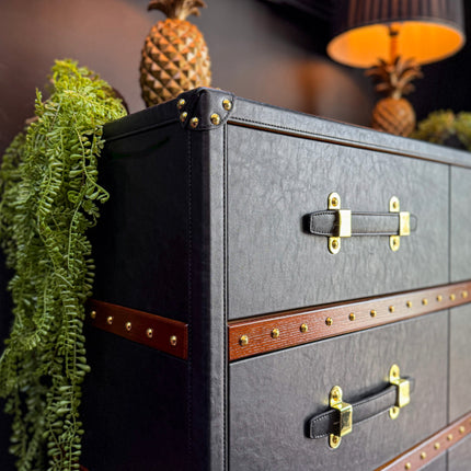 Claridge 6 Drawer Trunk Chest of Drawers in Black Leather - Clearance