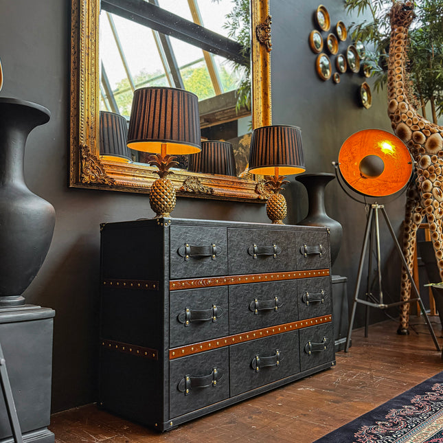 Claridge 9 Drawer Trunk Chest of Drawers in Black Leather - Clearance