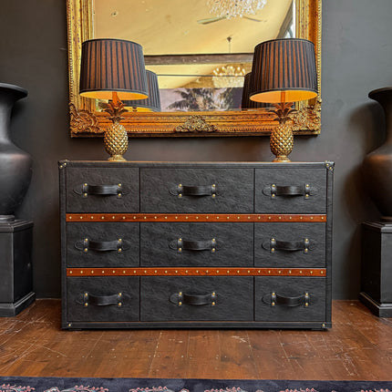 Claridge 9 Drawer Trunk Chest of Drawers in Black Leather - Clearance