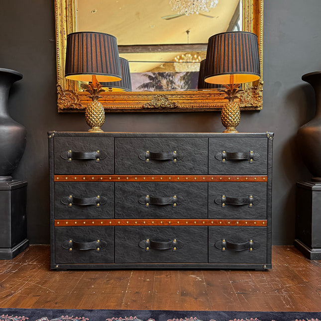 Claridge 9 Drawer Trunk Chest of Drawers in Black Leather - Clearance