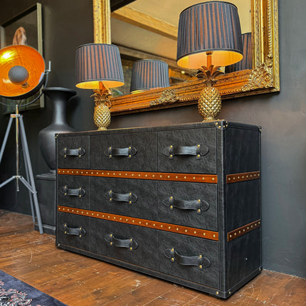Claridge 9 Drawer Trunk Chest of Drawers in Black Leather - Clearance