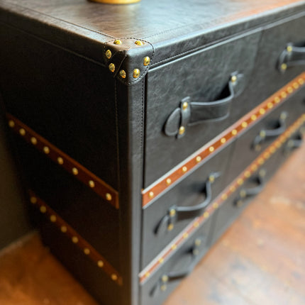 Claridge 9 Drawer Trunk Chest of Drawers in Black Leather - Clearance