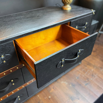Claridge 9 Drawer Trunk Chest of Drawers in Black Leather - Clearance