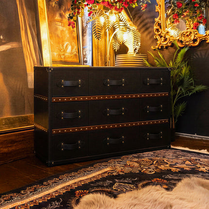 Claridge 9 Drawer Trunk Chest of Drawers in Black Leather