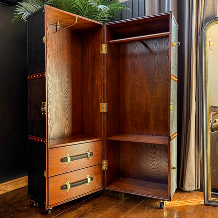 Claridge Trunk 2 Drawer Wardrobe in Black Leather - Clearance