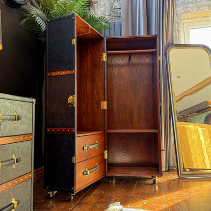 Claridge Trunk 2 Drawer Wardrobe in Black Leather - Clearance
