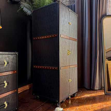 Claridge Trunk 2 Drawer Wardrobe in Black Leather - Clearance