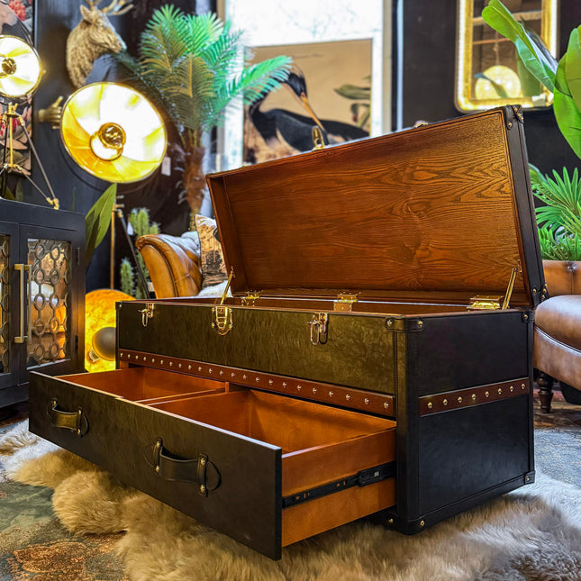 Claridge Trunk Hall Bench On Casters in Black Leather - New