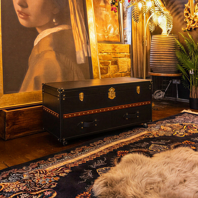 Claridge Trunk Coffee Table On Casters in Black Leather