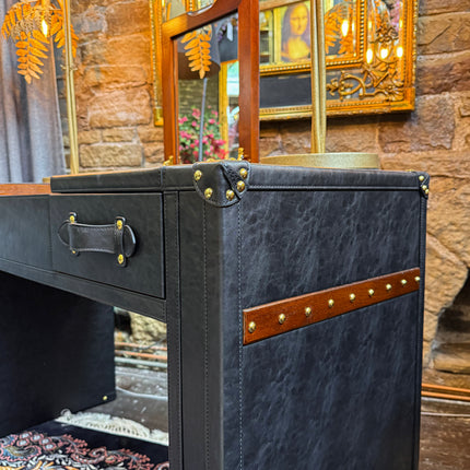 Claridge Trunk Dressing Table With Mirror in Black Leather - New