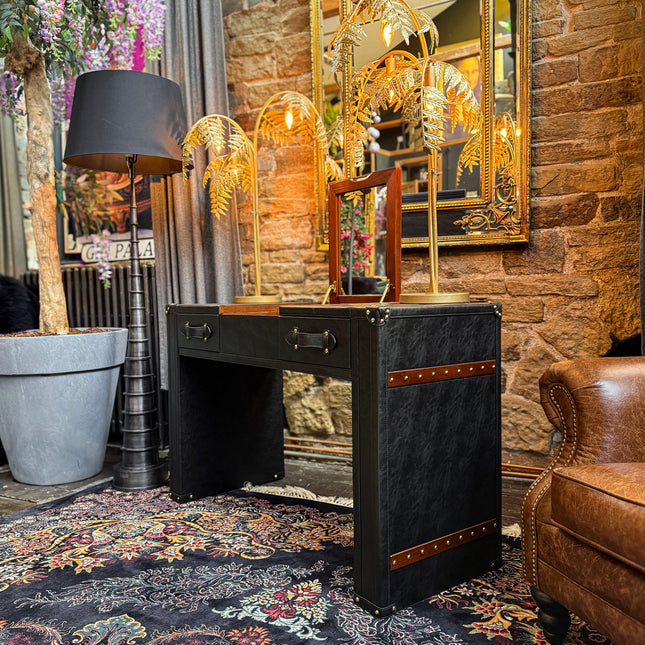 Claridge Trunk Dressing Table With Mirror in Black Leather - New