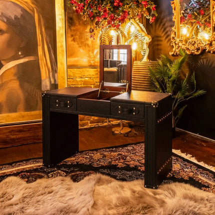 Claridge Trunk Dressing Table With Mirror in Black Leather