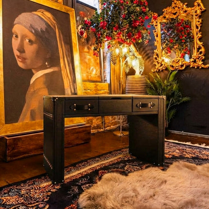 Claridge Trunk Dressing Table With Mirror in Black Leather