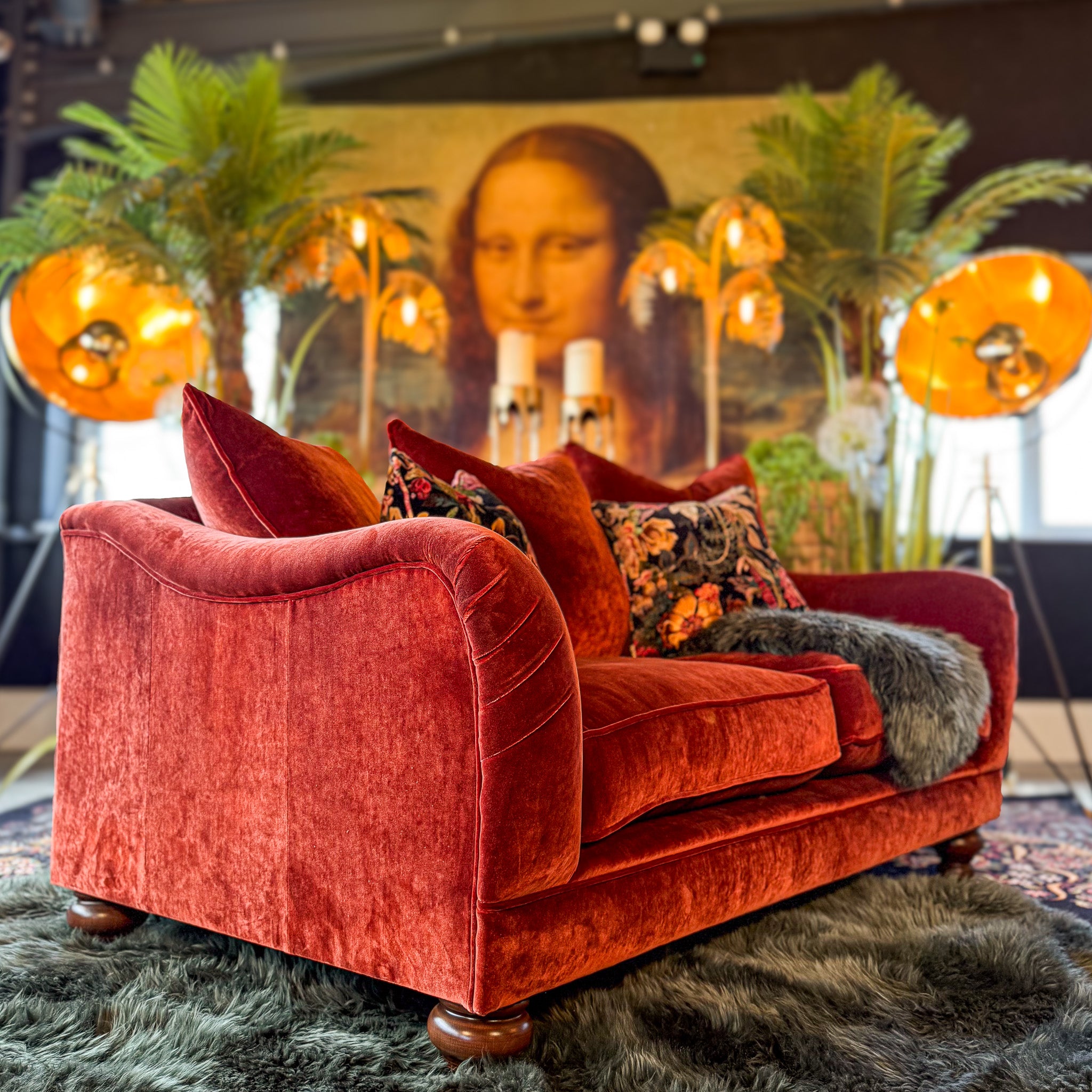 Cleo Seater Scatter Back Sofa in Sunshine Burnt Orange Velvet