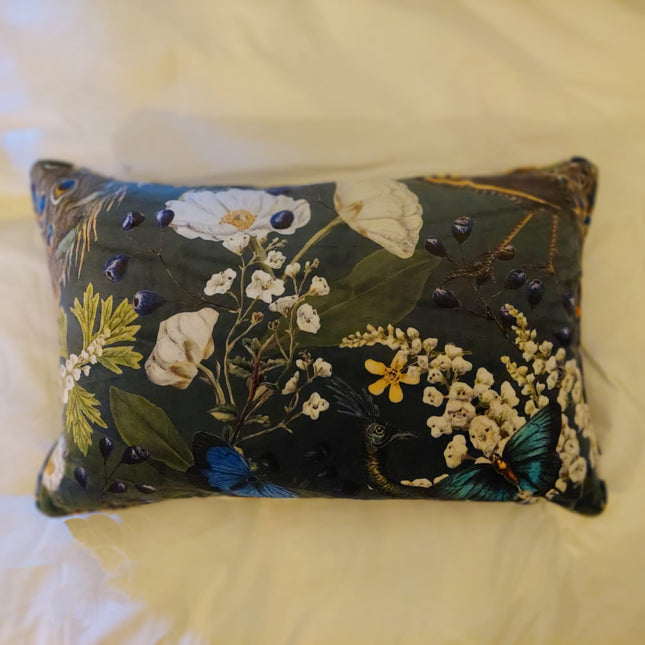 Cushion Bolster in Peacock Butterfly Teal Velvet (55 x 33cm) Feather Filled