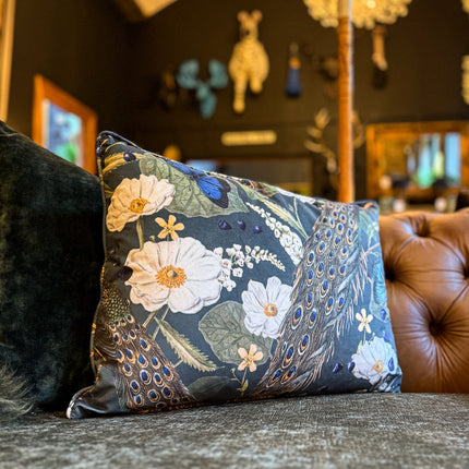 Cushion Bolster in Peacock Butterfly Teal Velvet Feather Filled - Large - Clearance