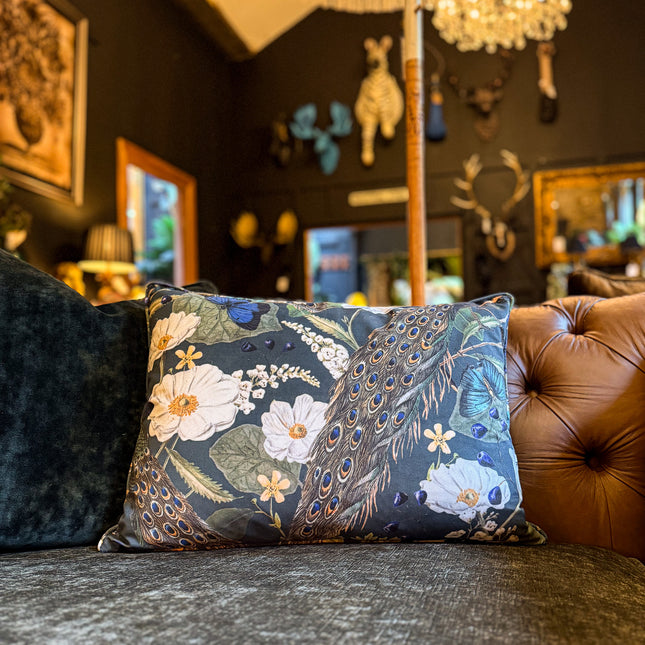 Cushion Bolster in Peacock Butterfly Teal Velvet Feather Filled - Large - Clearance