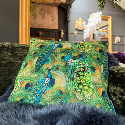 Cushion Limited Edition in Green Peacock Eyes Velvet Feather Filled