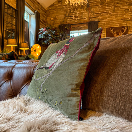 Cushion Pheasant in Hunter Green Velvet