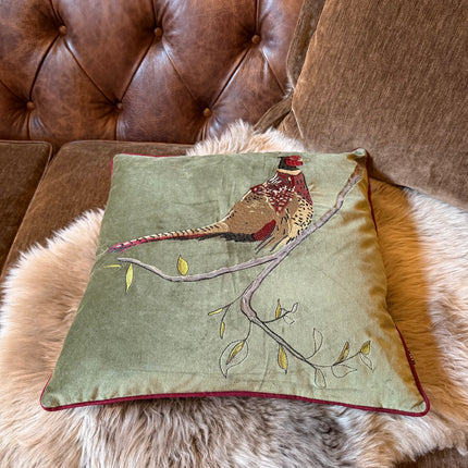 Cushion Pheasant in Hunter Green Velvet