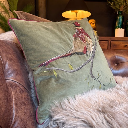 Cushion Pheasant in Hunter Green Velvet