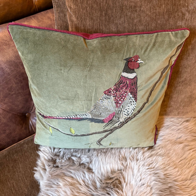Cushion Pheasant in Hunter Green Velvet