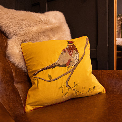 Cushion Pheasant in Hunter Mustard Velvet