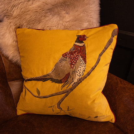 Cushion Pheasant in Hunter Mustard Velvet