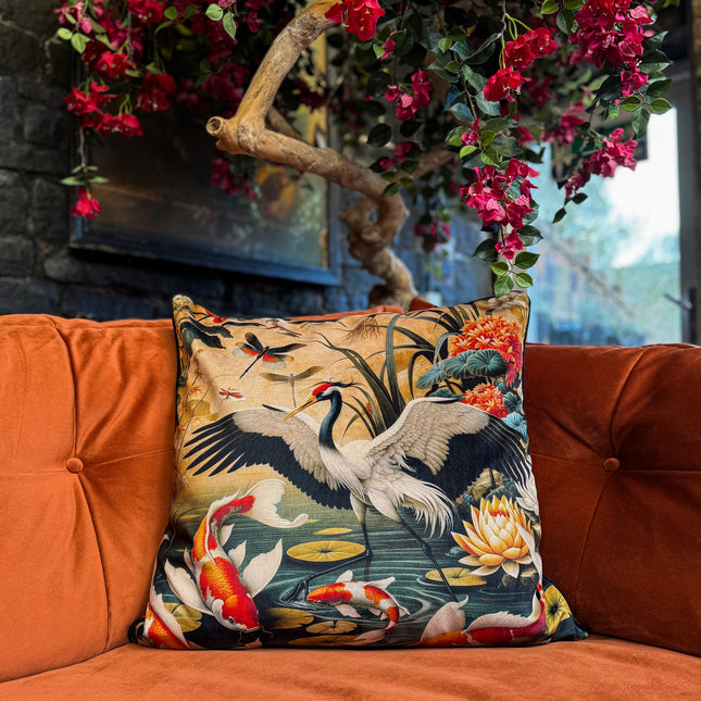 Cushion Scatter in Oriental Crane & Koi Print Velvet (Feather Filled) - 60 x 60cm