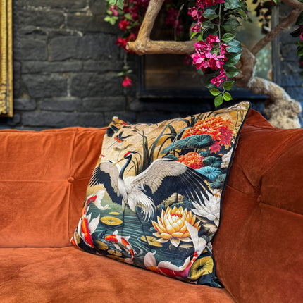 Cushion Scatter in Oriental Crane & Koi Print Velvet (Feather Filled) - 60 x 60cm