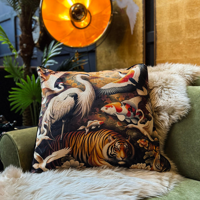 Cushion Scatter in Oriental Tiger & Proud Crane Velvet (Feather Filled) - 60 x 60cm
