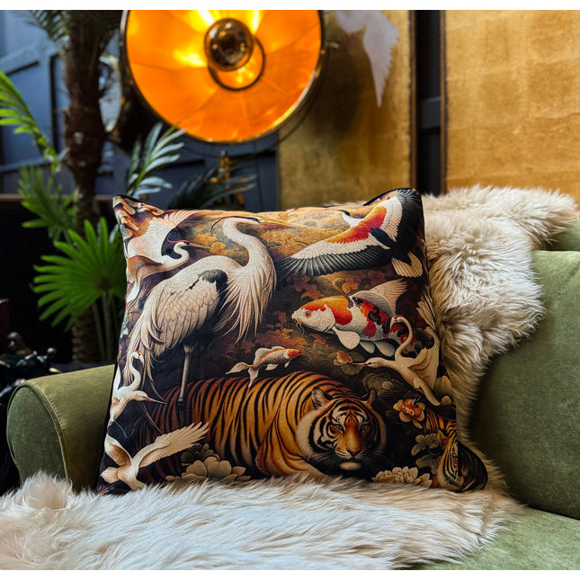 Cushion Scatter in Oriental Tiger & Proud Crane Velvet (Feather Filled) - 60 x 60cm