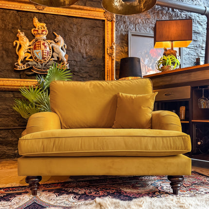 Darcey Loveseat Snuggler Sofa in Plush Gold Mustard Velvet