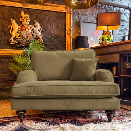 Darcey Loveseat Snuggler Sofa in Plush Green Khaki Velvet