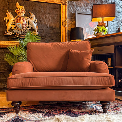 Darcey Loveseat Snuggler Sofa in Plush Orange Marmalade Velvet