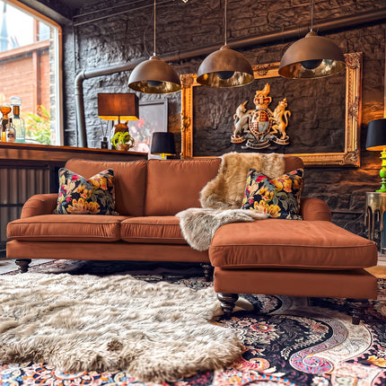 Darcey Right Hand Chaise Sofa in Plush Orange Marmalade Velvet