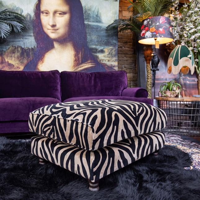 Dopamine Footstool in Zebra Cream Stripe Velvet