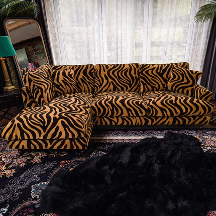 Dopamine LHF Chaise Sofa in Zebra Gold Stripe Velvet