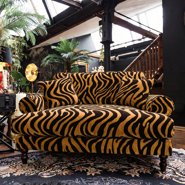 Dopamine Loveseat Snuggler Sofa in Zebra Gold Stripe Velvet