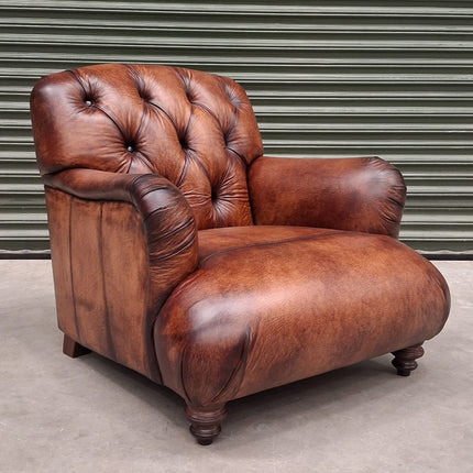 Duffel Tetrad Chesterfield Chair in Hand Antiqued Buffalo Brown Leather - Ex Display
