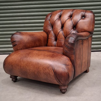 Duffel Tetrad Chesterfield Chair in Hand Antiqued Buffalo Brown Leather - Ex Display