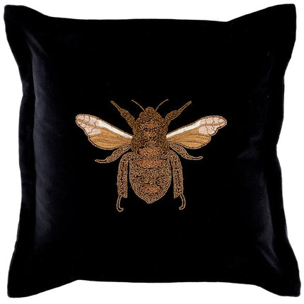 Embroidered Bee Cushion in Black Velvet