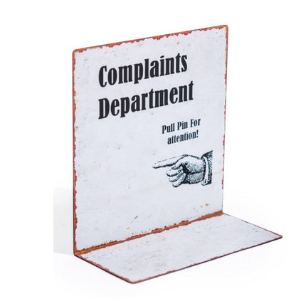 Antiqued Metal Complaints Department Table Sign with Grenade