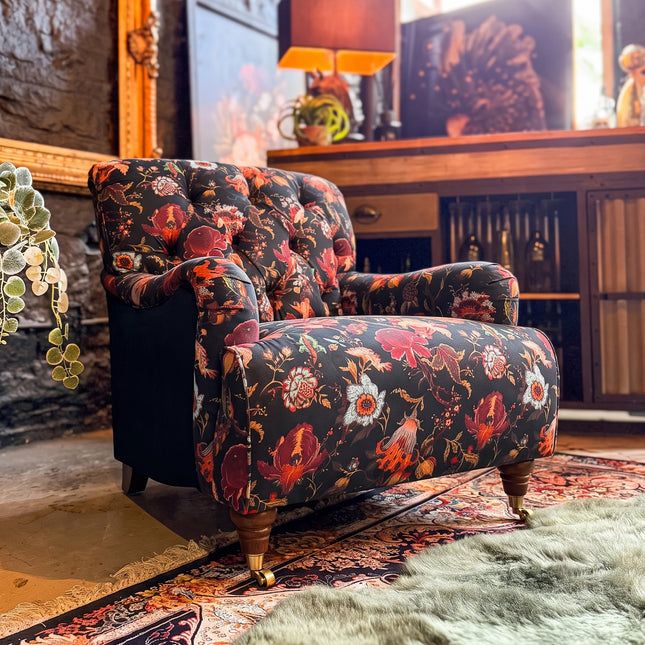 Eaton Armchair in Fantasia Floral and Black Ebony Velvet