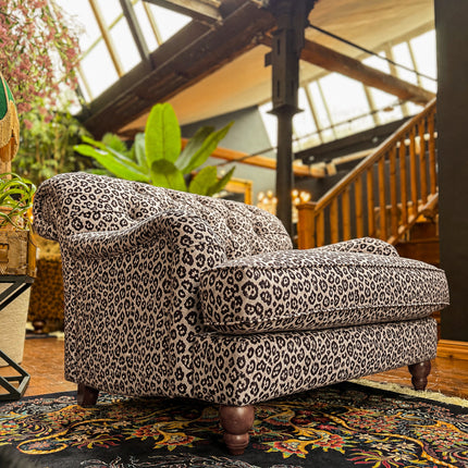 Eaton Chesterfield Loveseat Snuggler in Leopard Cream Velvet