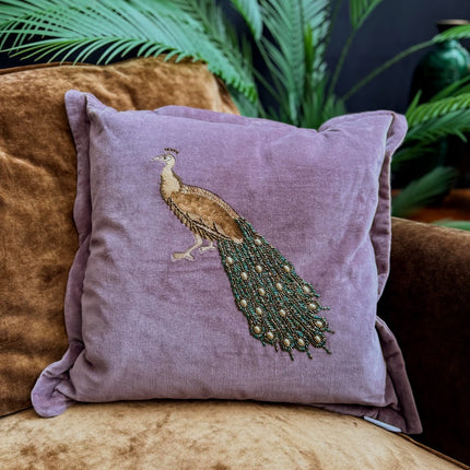 Feather Cushion Embroidered Peacock