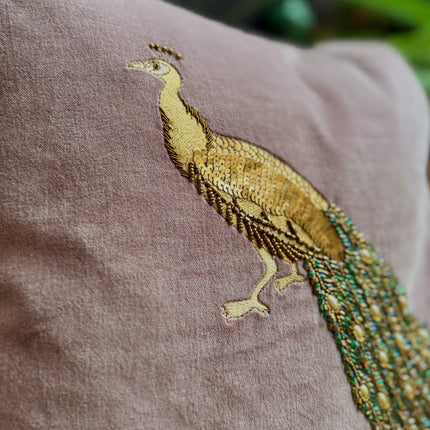 Feather Cushion Embroidered Peacock